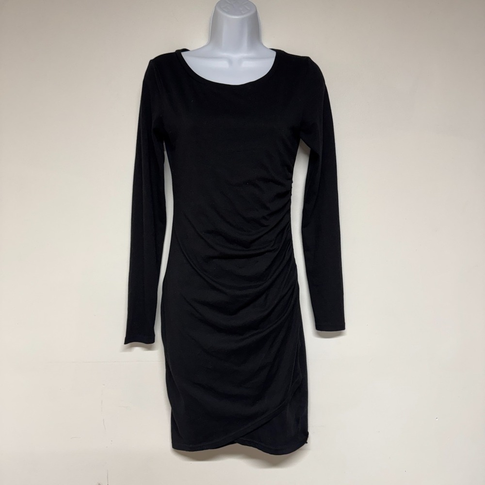 Leith T-shirt Dress Womens Size S Black Ruched Side Long Sleeve Bodycon Knee